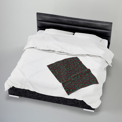 Light Green & Red Ohio Paw Prints Black Velveteen Plush Blanket