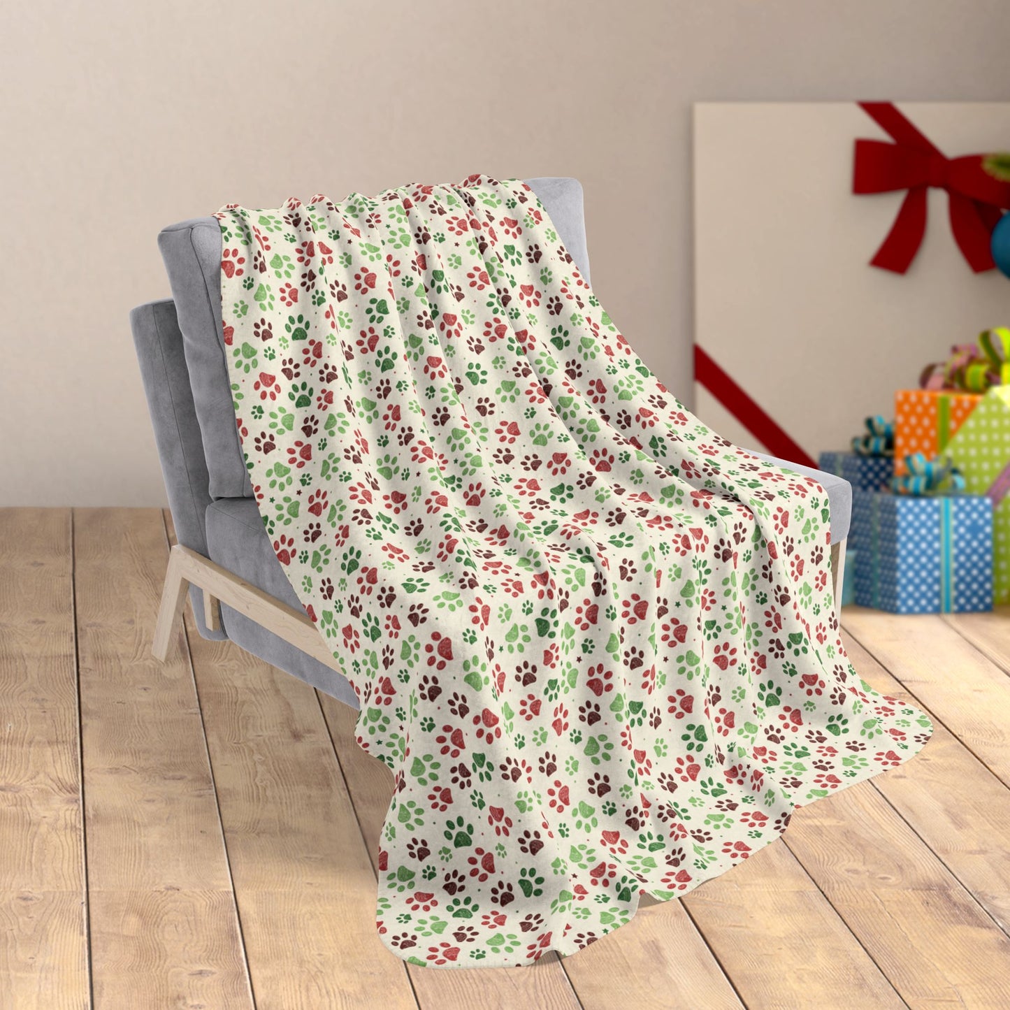 50" × 60" Christmas Paw Prints Cream Fleece Sherpa Blanket