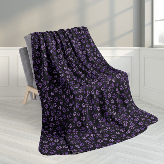 60" × 80" Purple Paw Prints Black Fleece Sherpa Blanket