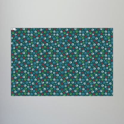 29'' x 20" Matte Christmas Green, Red, Blue & White Paw Print Gift Wrapping Paper Roll