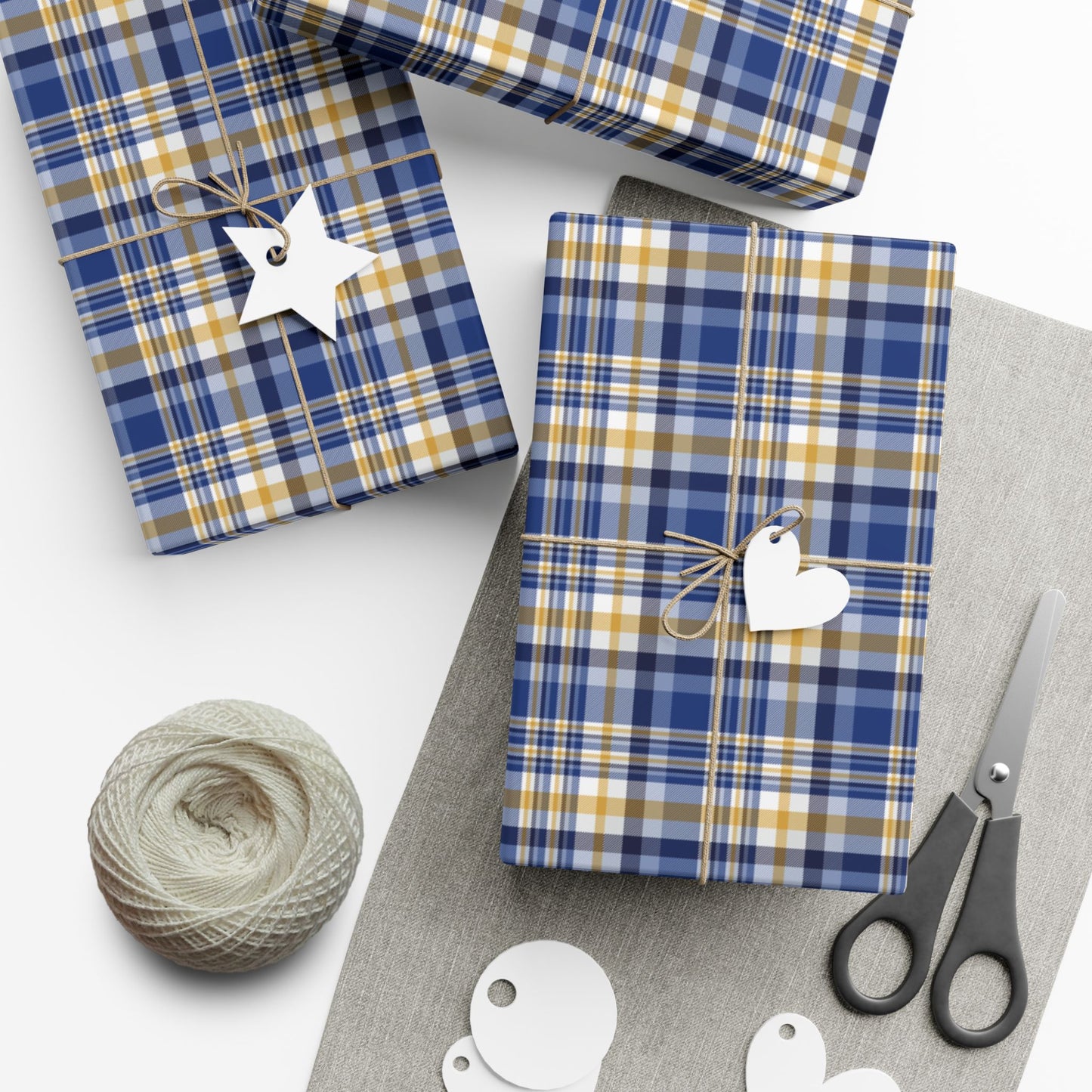29'' x 144" Matte Hannukah Dark Blue, White & Gold Plaid Gift Wrapping Paper Roll