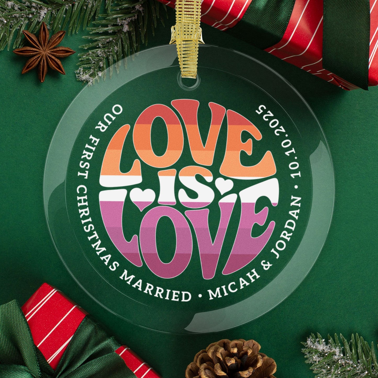 Round One Size Custom Glass Love is Love Lesbian 7-Stripe Sunset Pride 3.5" Circle Ornaments