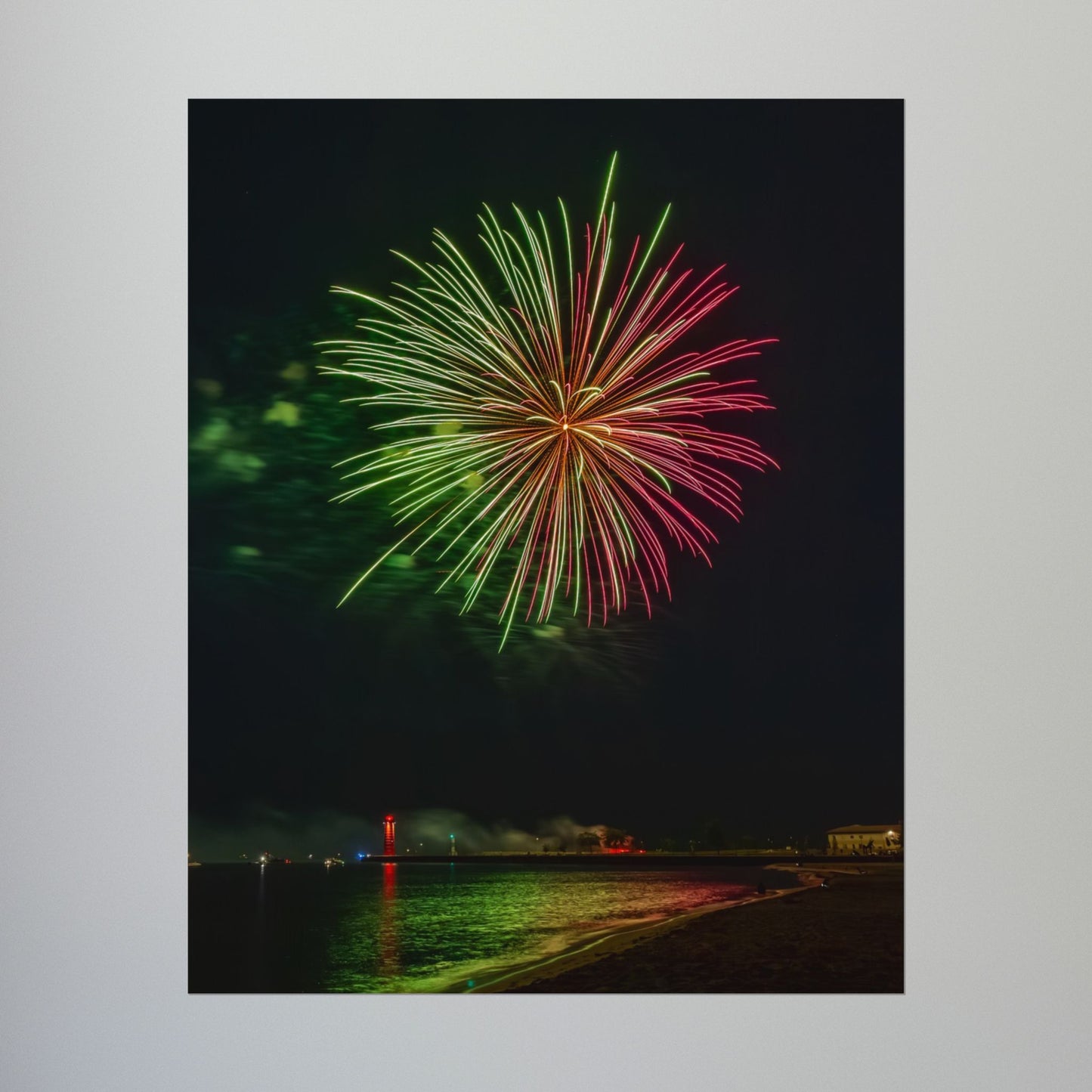 Green & Pink 4th of July Fireworks over Kenosha Pier Light Rolled Poster