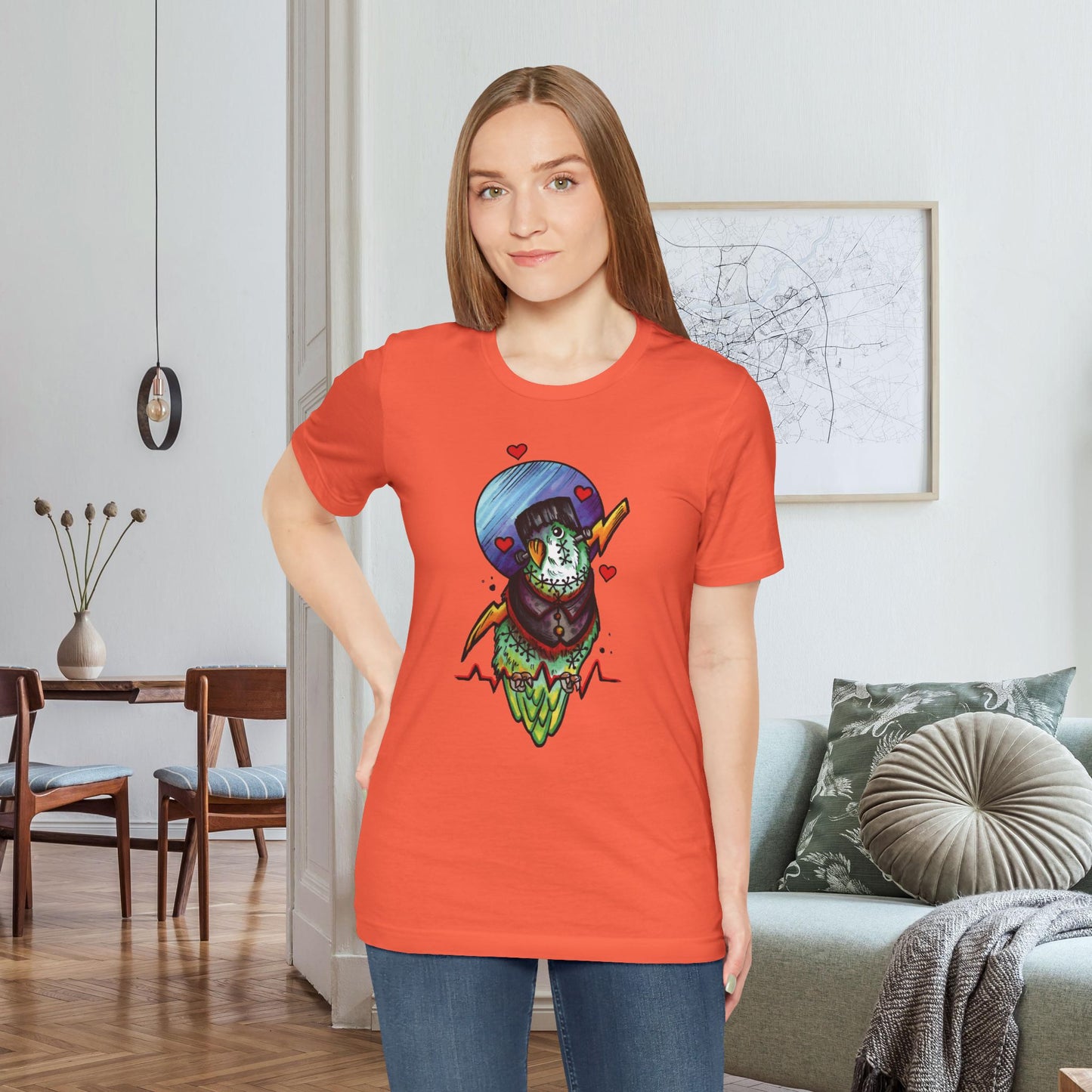 Frankenstein Lovebird, Hand-Drawn & Hand-Colored Tee