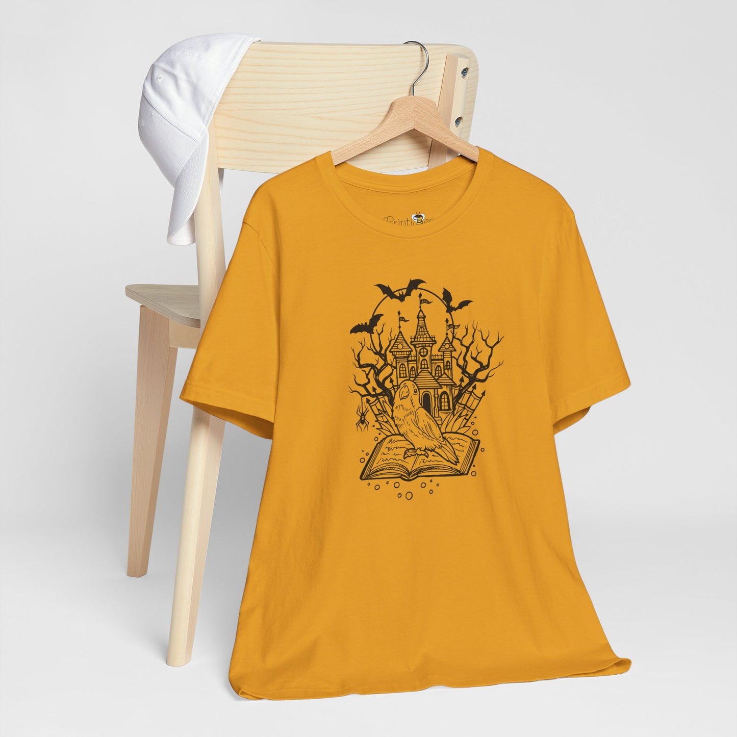 Lovebird on a Spell Book by a Haunted House, Line Art Tee