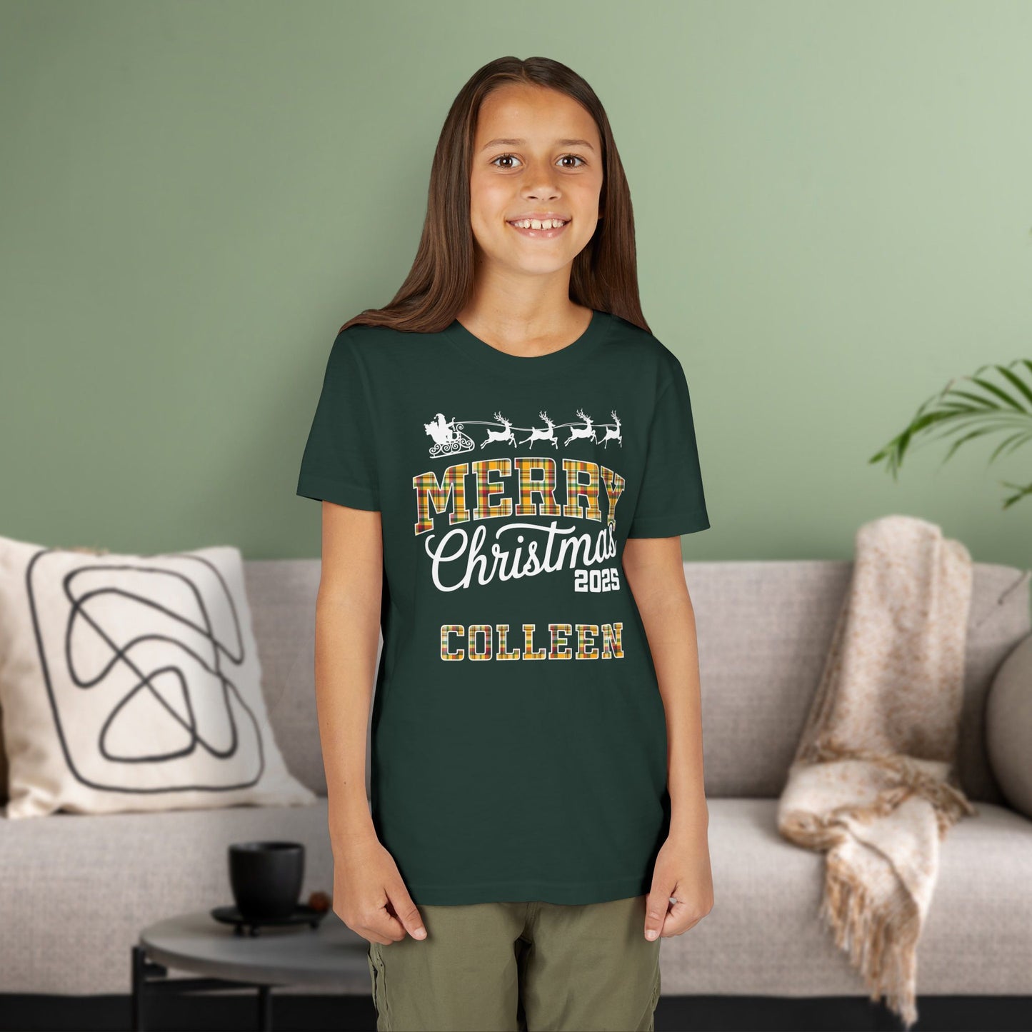 Forest Custom Christmas Green & Gold Green Bay WI Plaid Kids Tee Youth Pajama Top