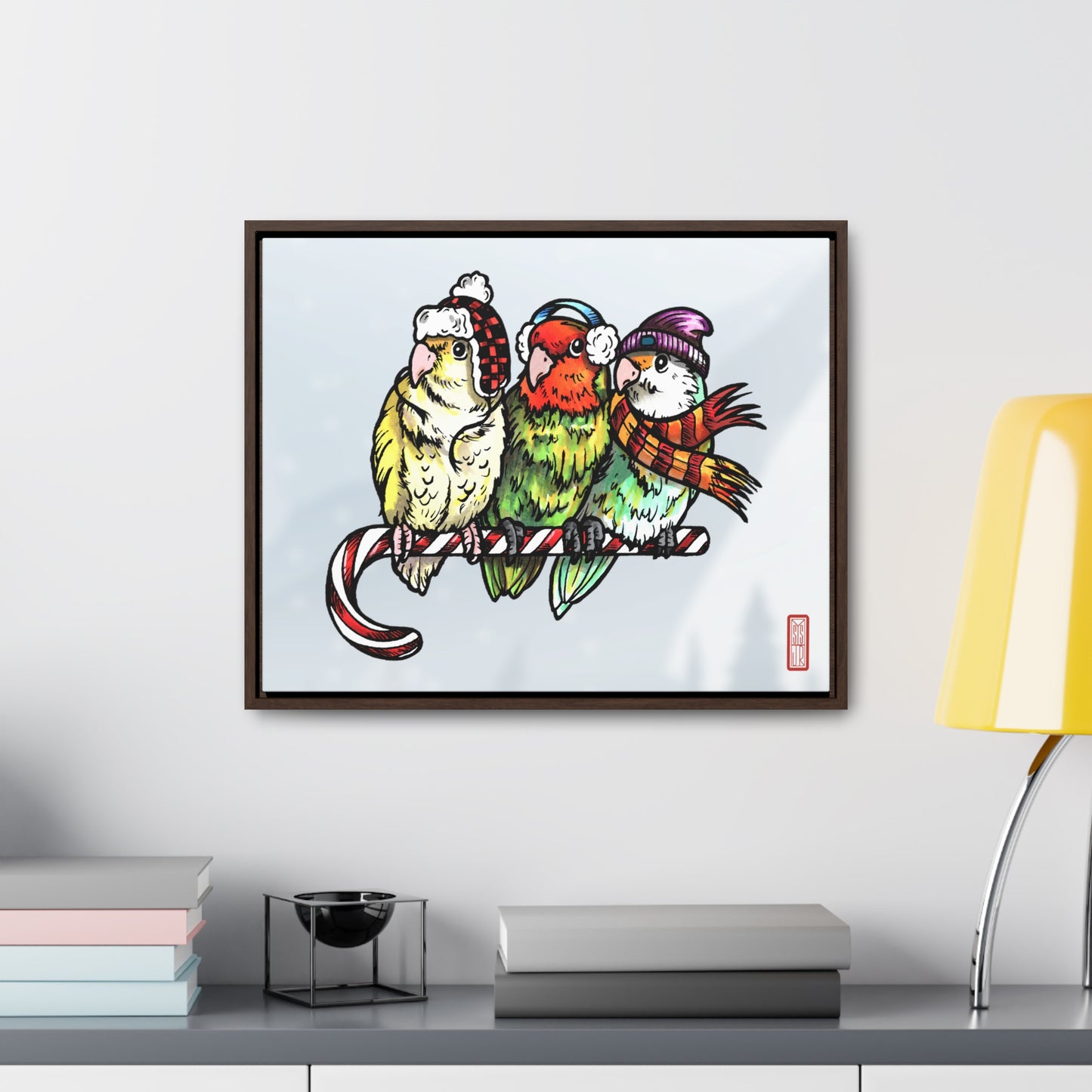 3 tortolitos con ropa de invierno y posados ​​en un bastón de caramelo, lienzo enmarcado para pared