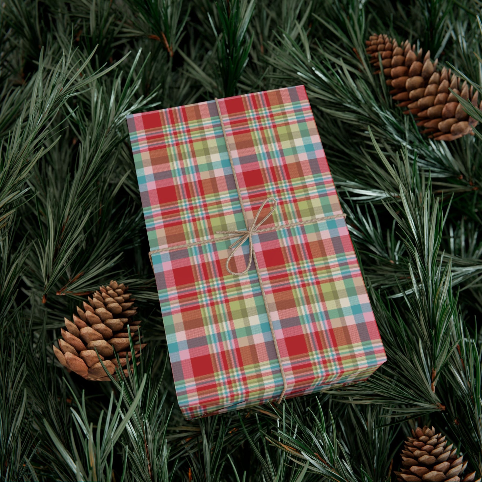MCM Christmas Red, Blue, Pink & Green Plaid Gift Wrapping Paper Roll