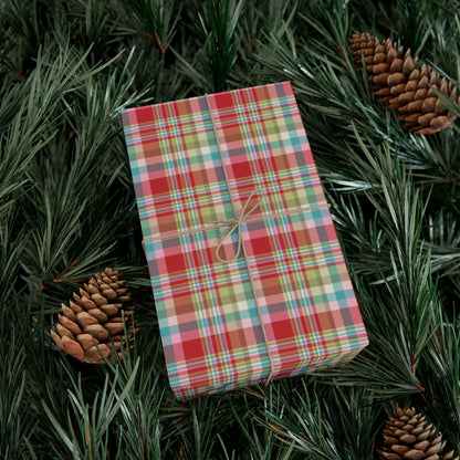 MCM Christmas Red, Blue, Pink & Green Plaid Gift Wrapping Paper Roll