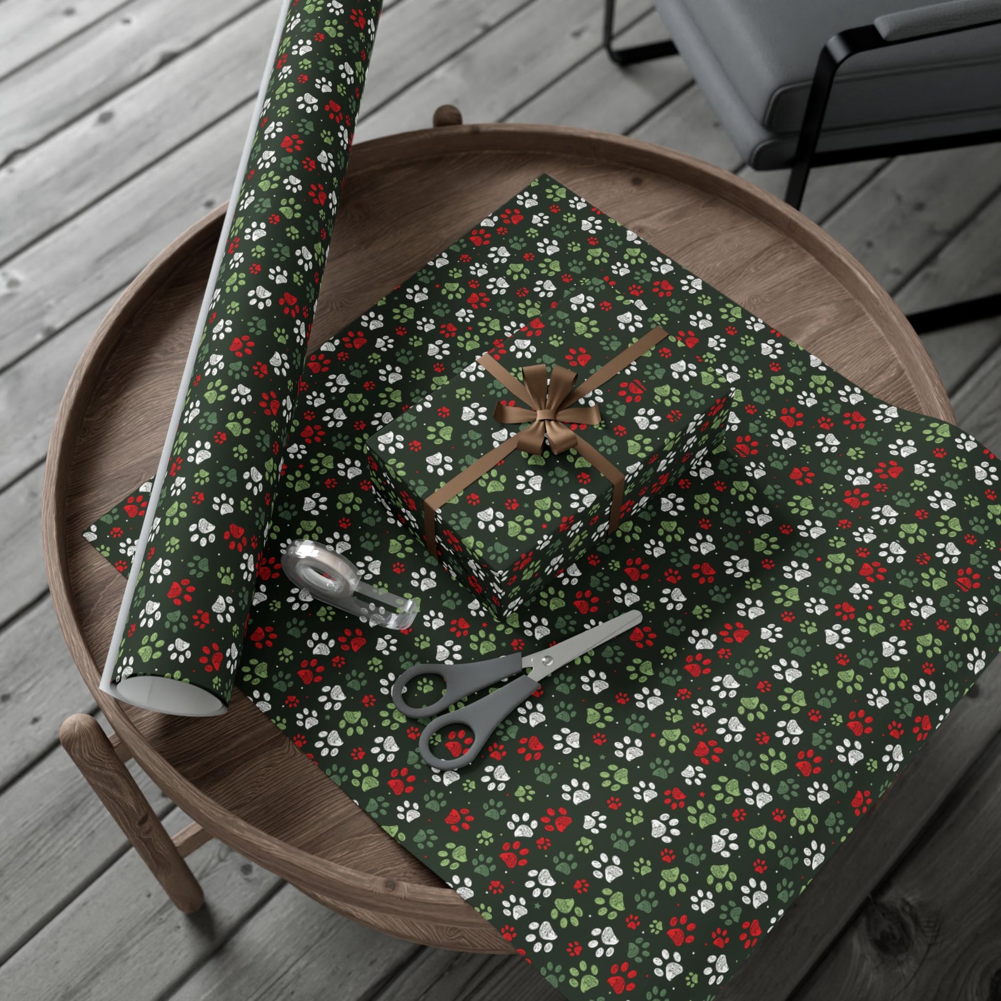 Christmas Greens, Red & White Paw Print Gift Wrapping Paper Roll