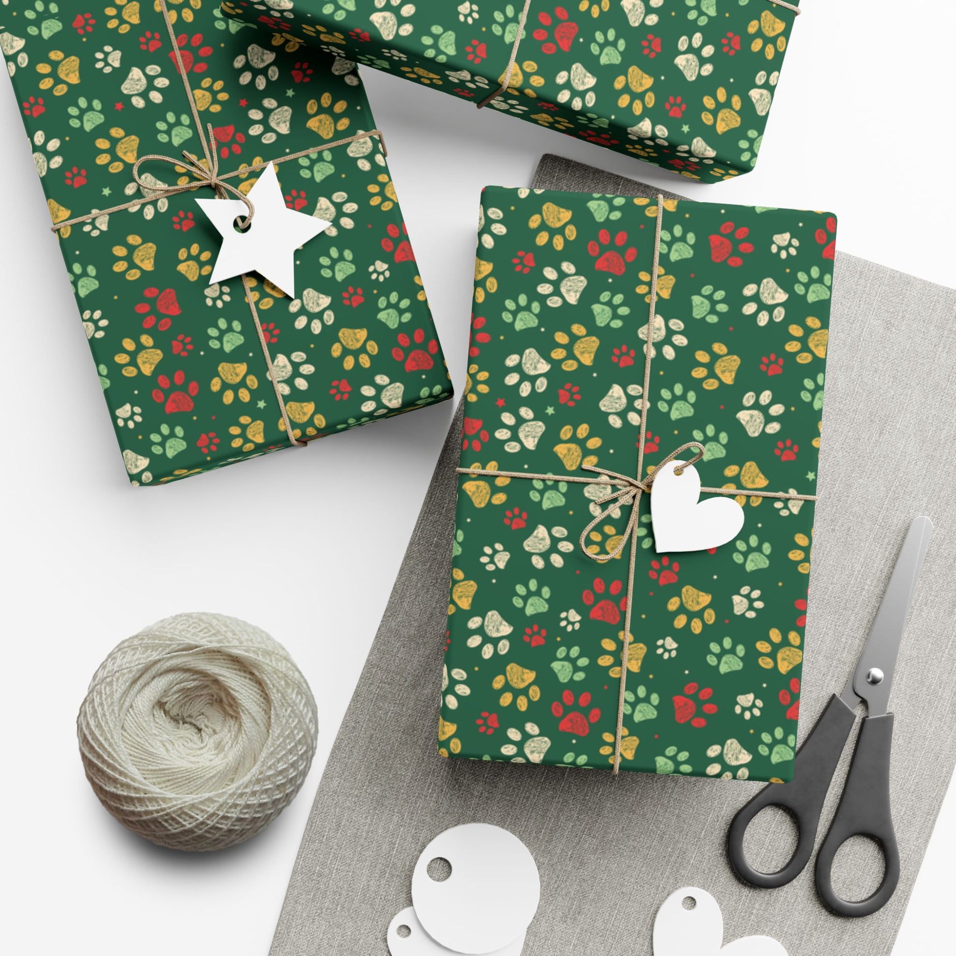 29'' x 72" Satin MCM Christmas Green, Gold, Red & Cream Paw Print Gift Wrapping Paper Roll