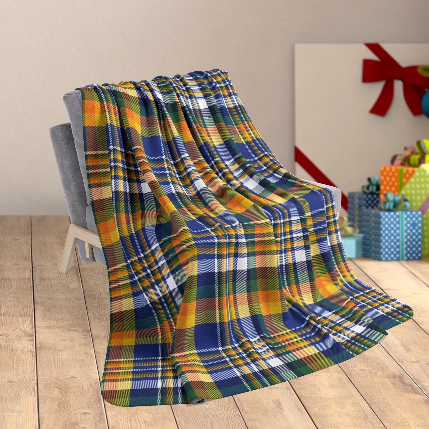 60" × 80" Christmas Blue, Green & Yellow Los Angeles CA Plaid Fleece Sherpa Blanket