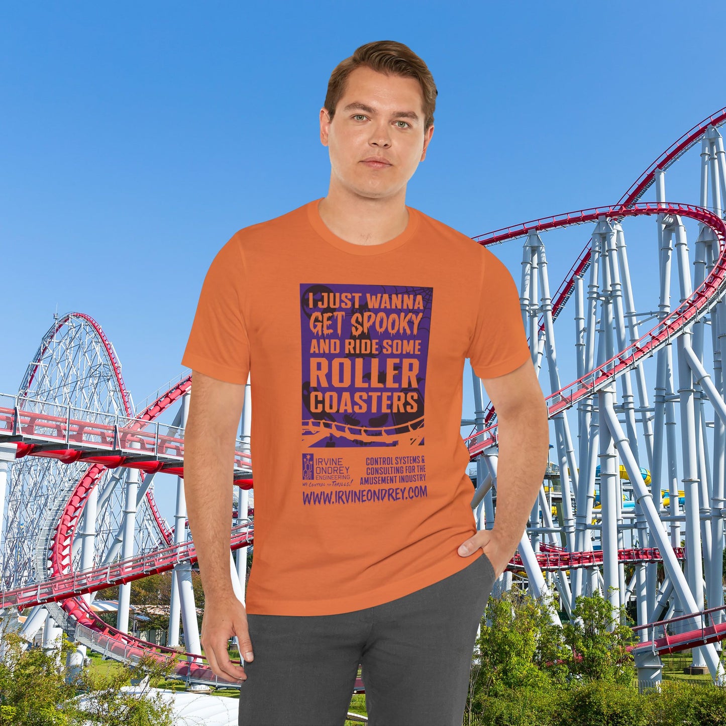 I Just Wanna Get Spooky & Roller Coasters Tee (FRONT graphic) • Irvine Ondrey Engineering