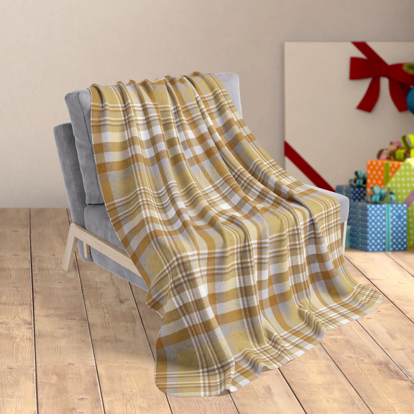 50" × 60" Christmas Gold & Silver Plaid Fleece Sherpa Blanket