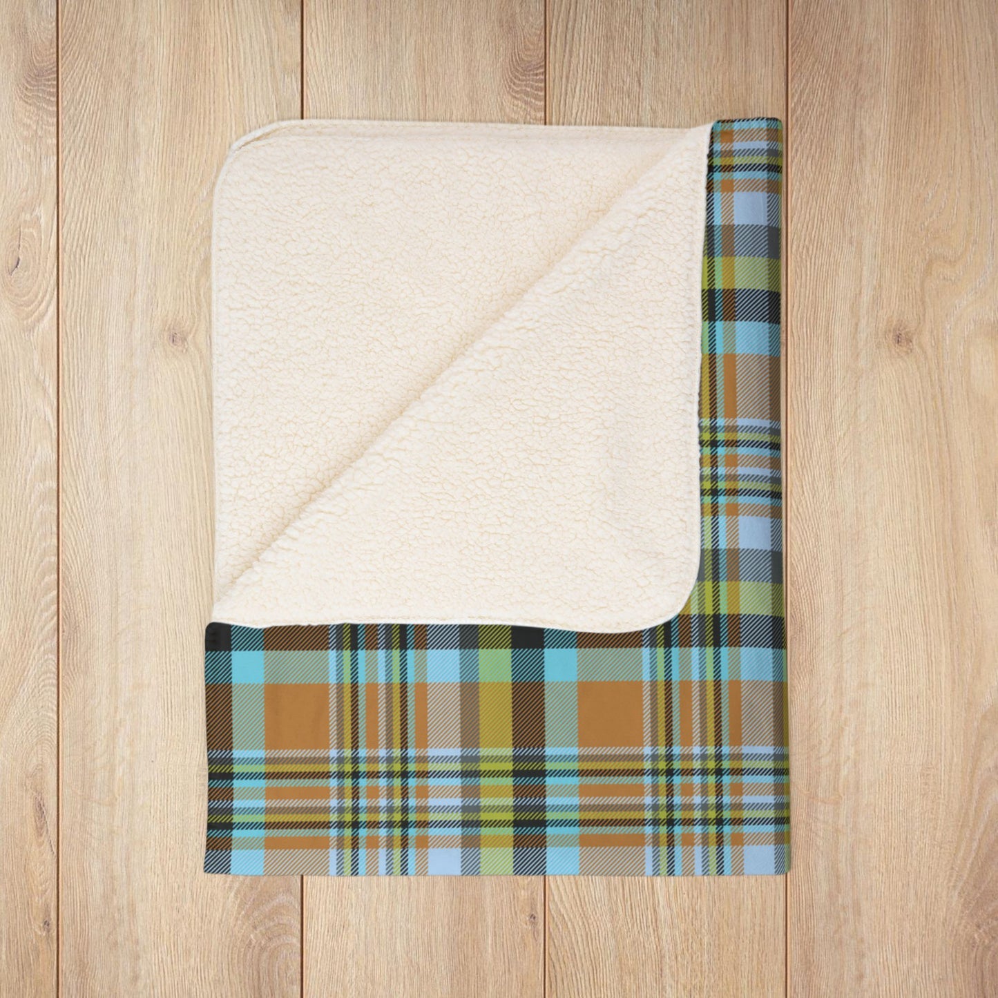 50" × 60" Beige Brown, Green & Blue Mason OH Plaid Fleece Sherpa Blanket