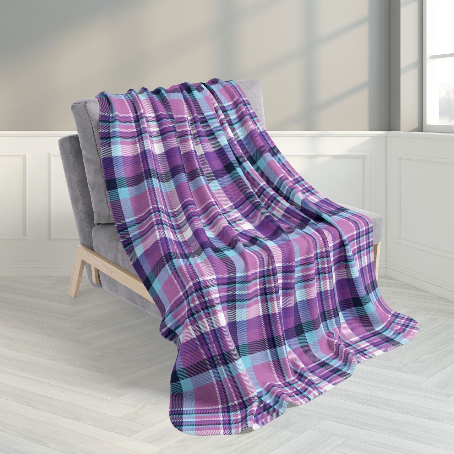 50" × 60" Winter Purple & Blue Plaid Fleece Sherpa Blanket