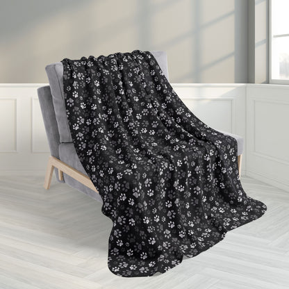 50" × 60" Grey Paw Prints Black Fleece Sherpa Blanket