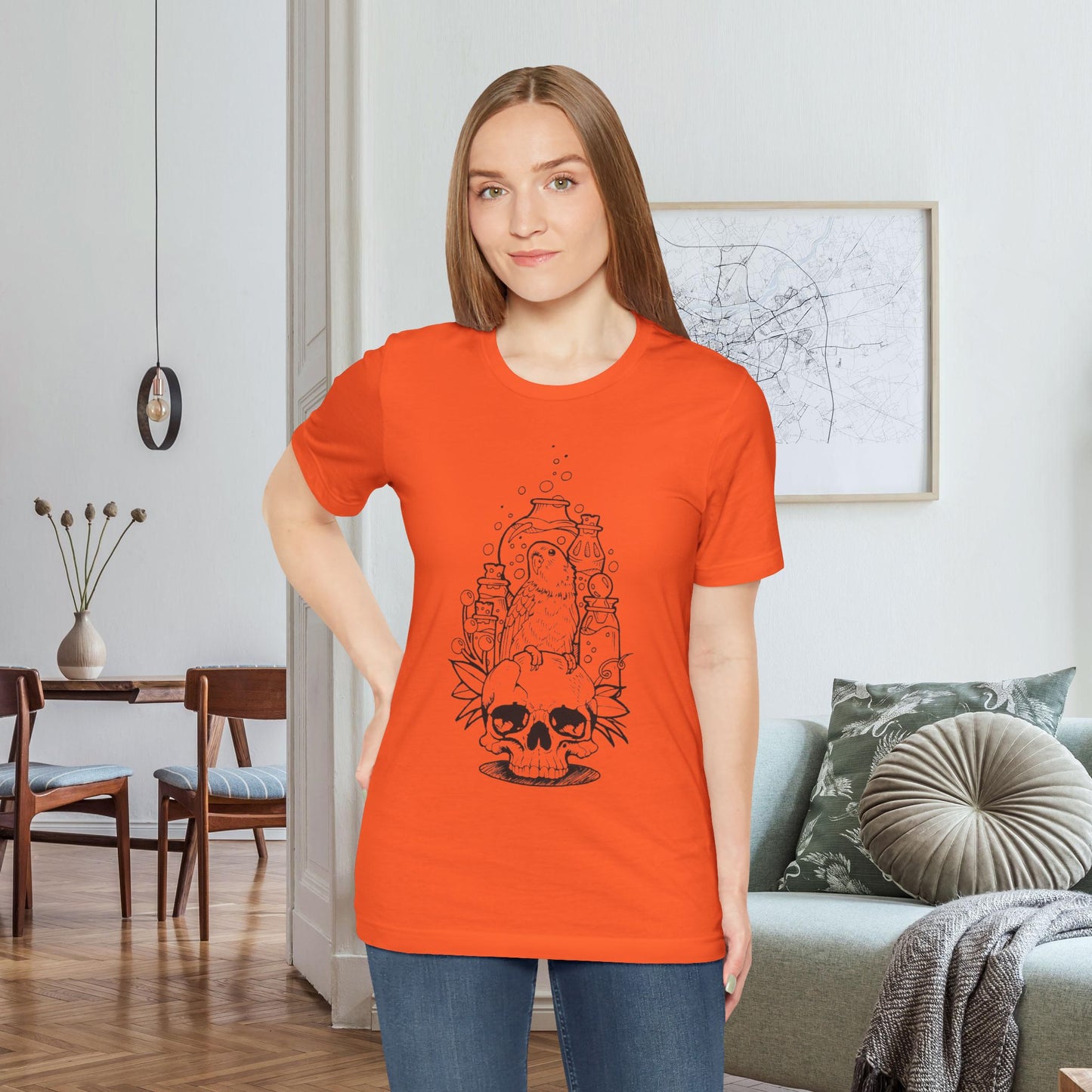 Crazy Scientist Lovebird Sitting on a Skull, Line Art Tee