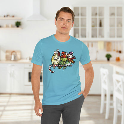 3 Lovebirds in Winter Wear & Perched on a Candy Cane, Tee