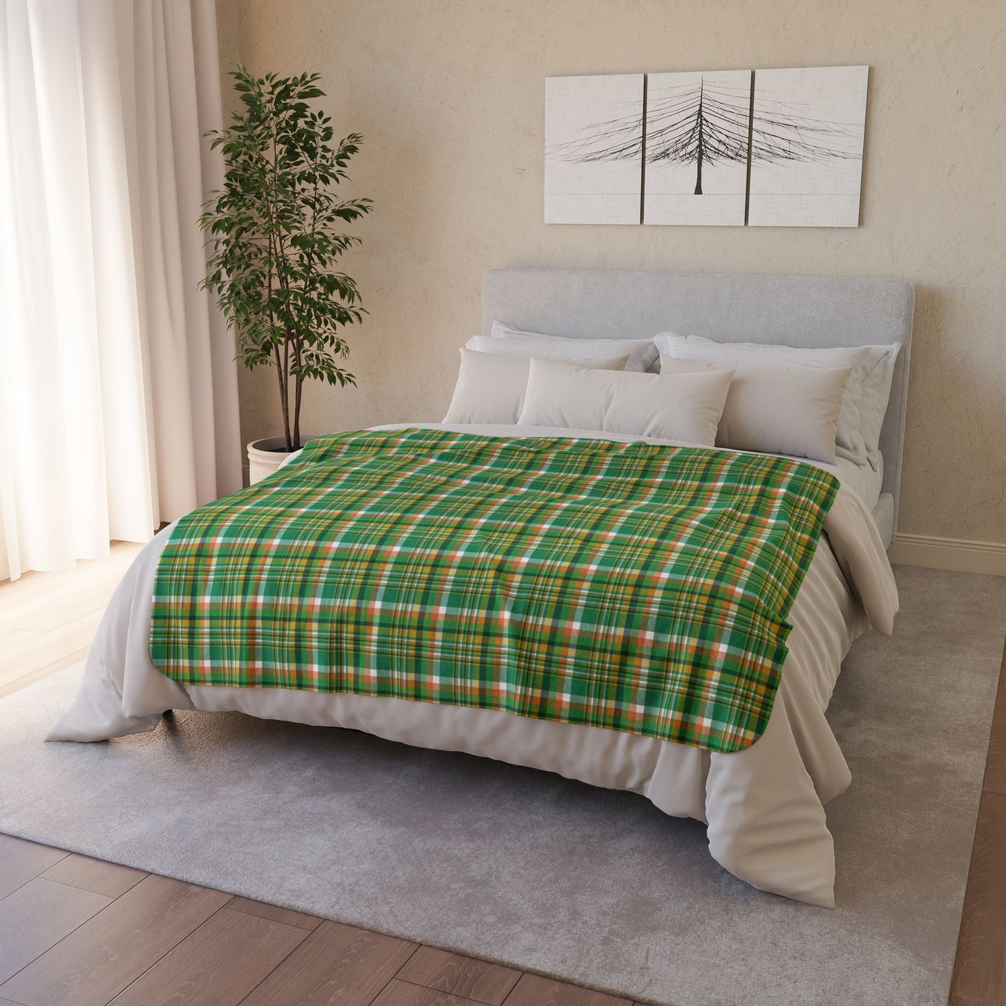 50" × 60" Beige St. Patrick's Day Greens Plaid Fleece Sherpa Blanket