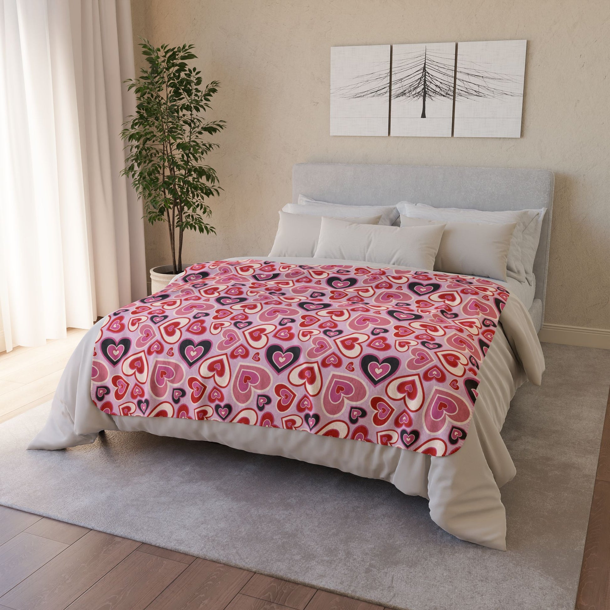 Retro Hearts Valentine’s Day Pink Fleece Sherpa Blanket