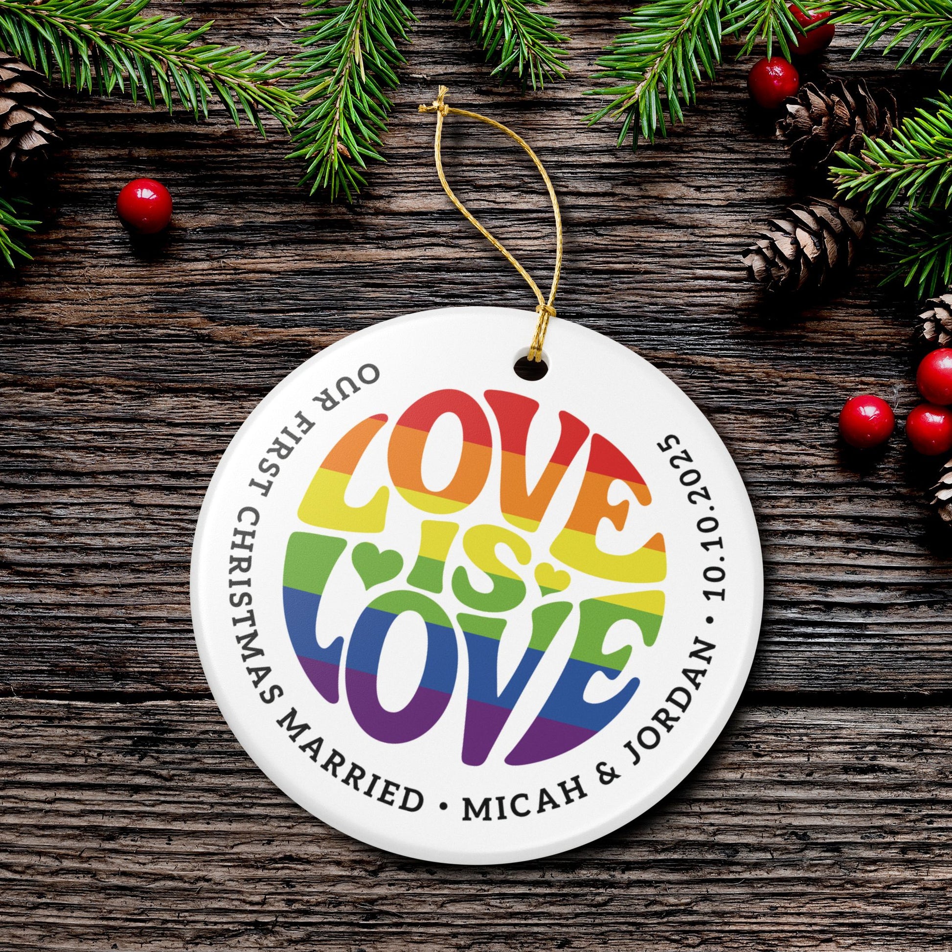 Custom Ceramic Love is Love Rainbow Pride 2.8" Circle Ornament