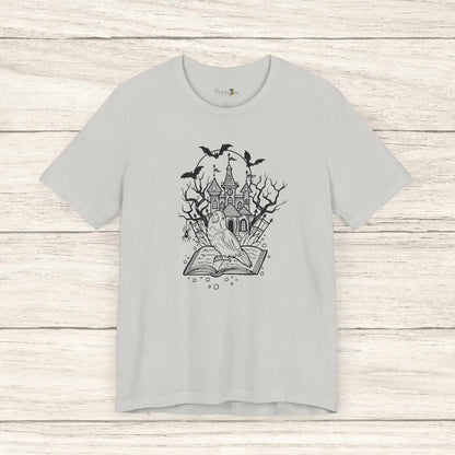 Lovebird on a Spell Book by a Haunted House, Line Art Tee