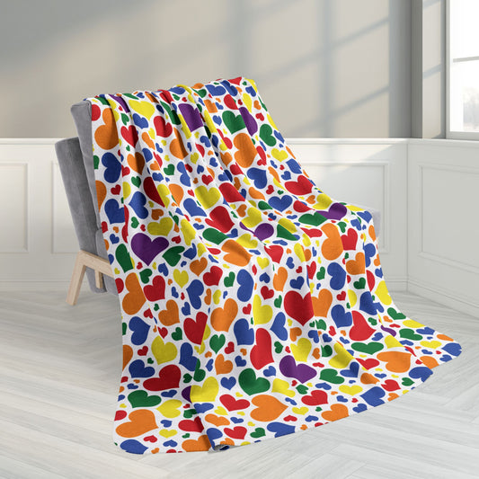 60" × 80" Rainbow Pride Valentine’s Day Hearts White Fleece Sherpa Blanket