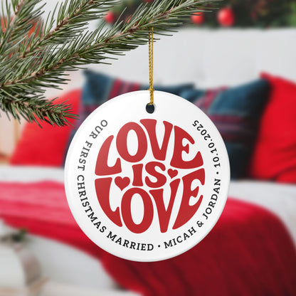 Custom White Ceramic Red Love is Love 2.8" Circle Ornament