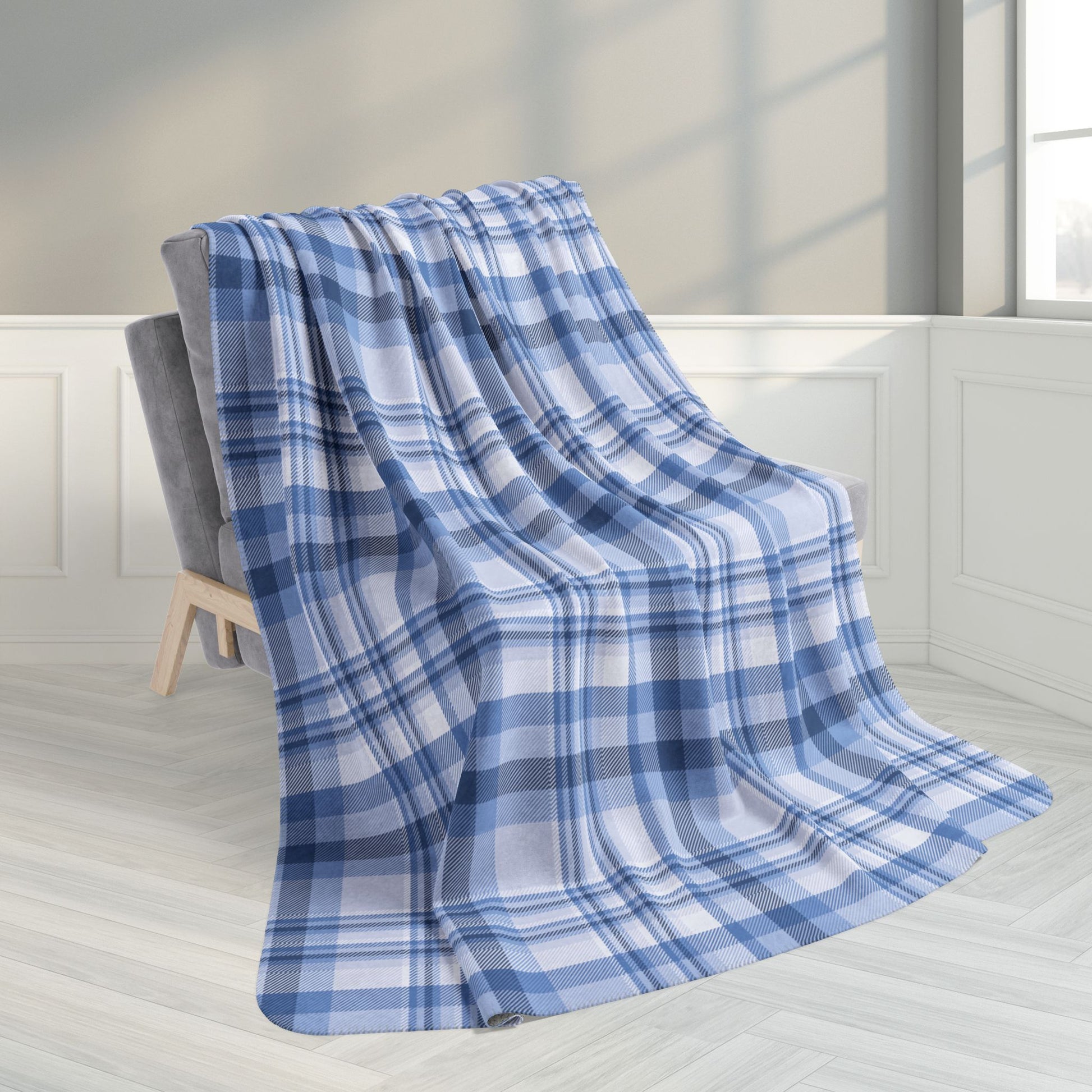 60" × 80" Winter Blue Plaid Fleece Sherpa Blanket
