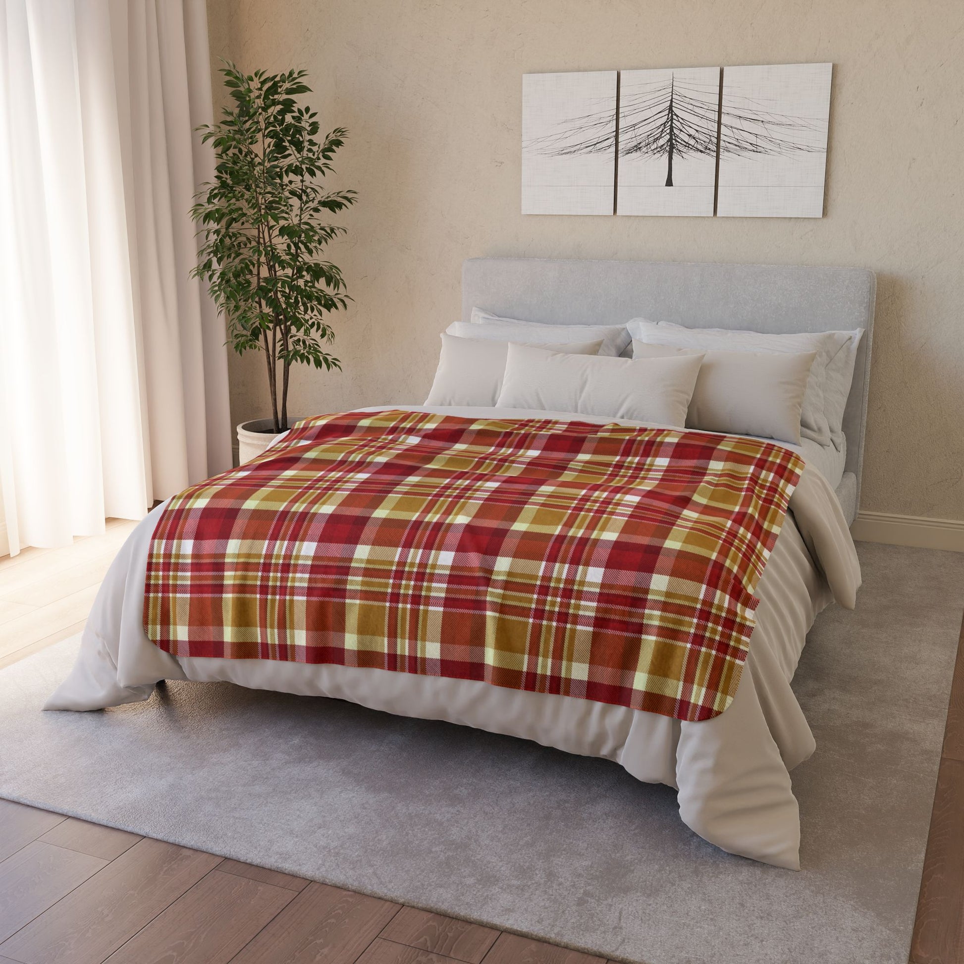 Christmas Gold & Red Plaid Fleece Sherpa Blanket