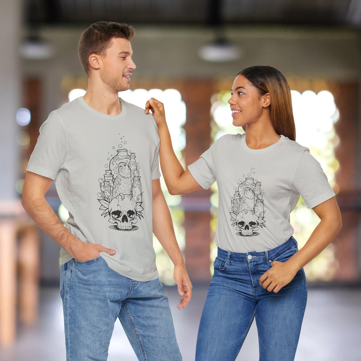 Crazy Scientist Lovebird Sitting on a Skull, Line Art Tee