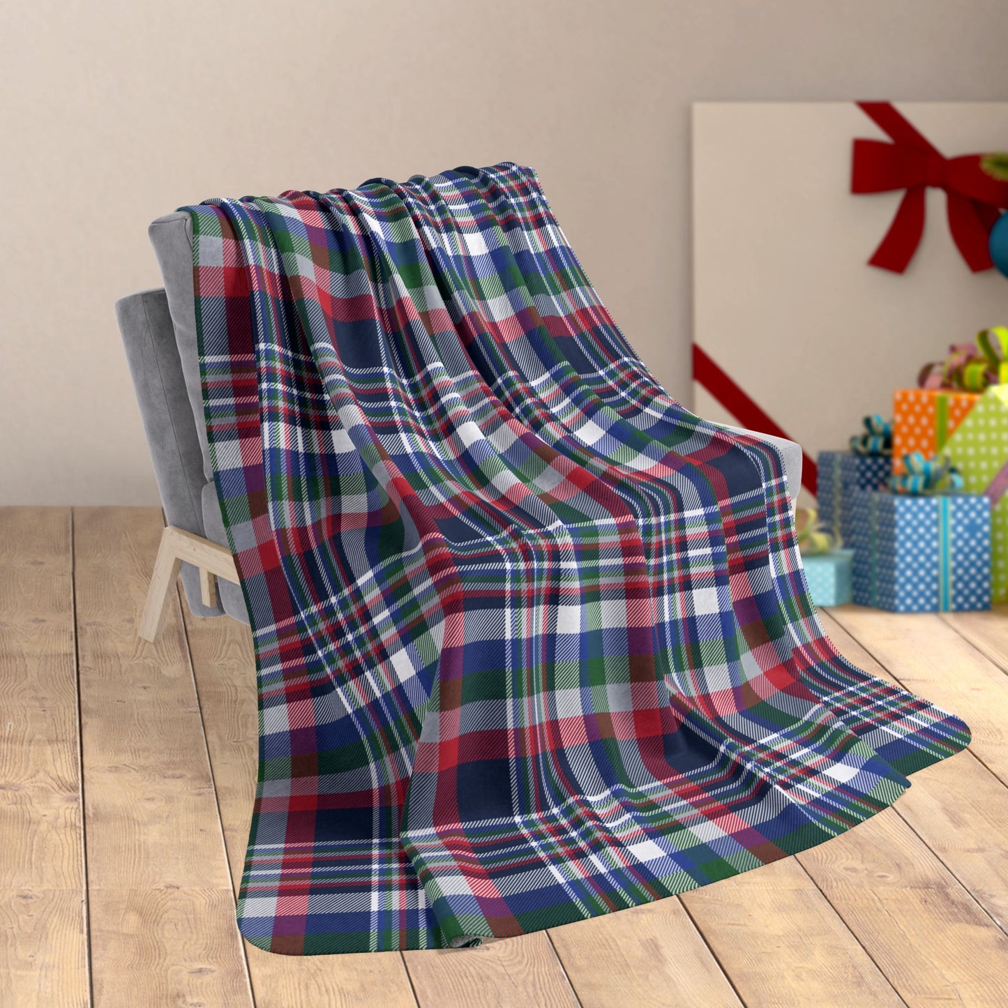 60" × 80" Christmas Red, White & Blue New England Boston MA Plaid Fleece Sherpa Blanket
