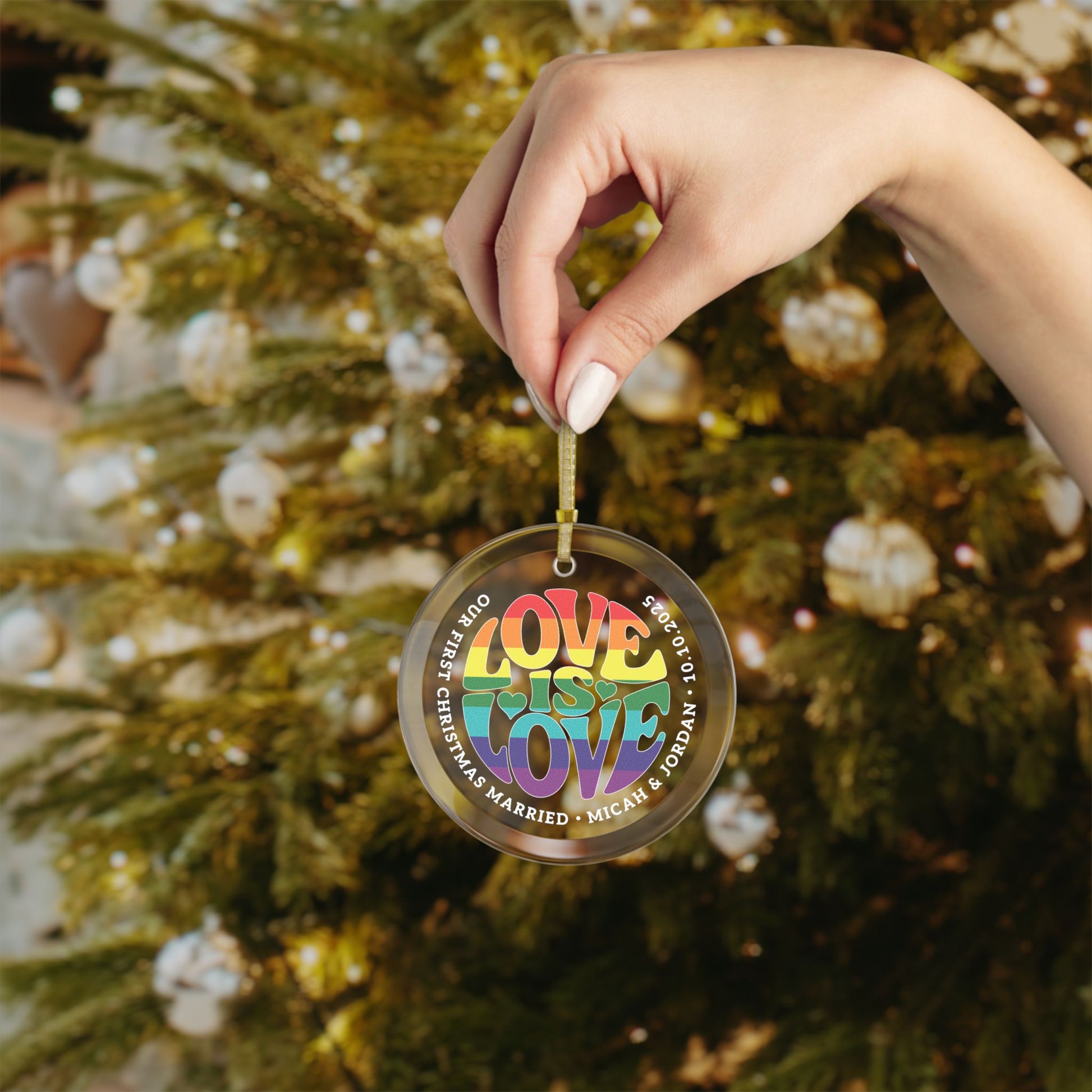 Custom Glass Love is Love Rainbow 7-Stripe Pride 3.5" Circle Ornaments