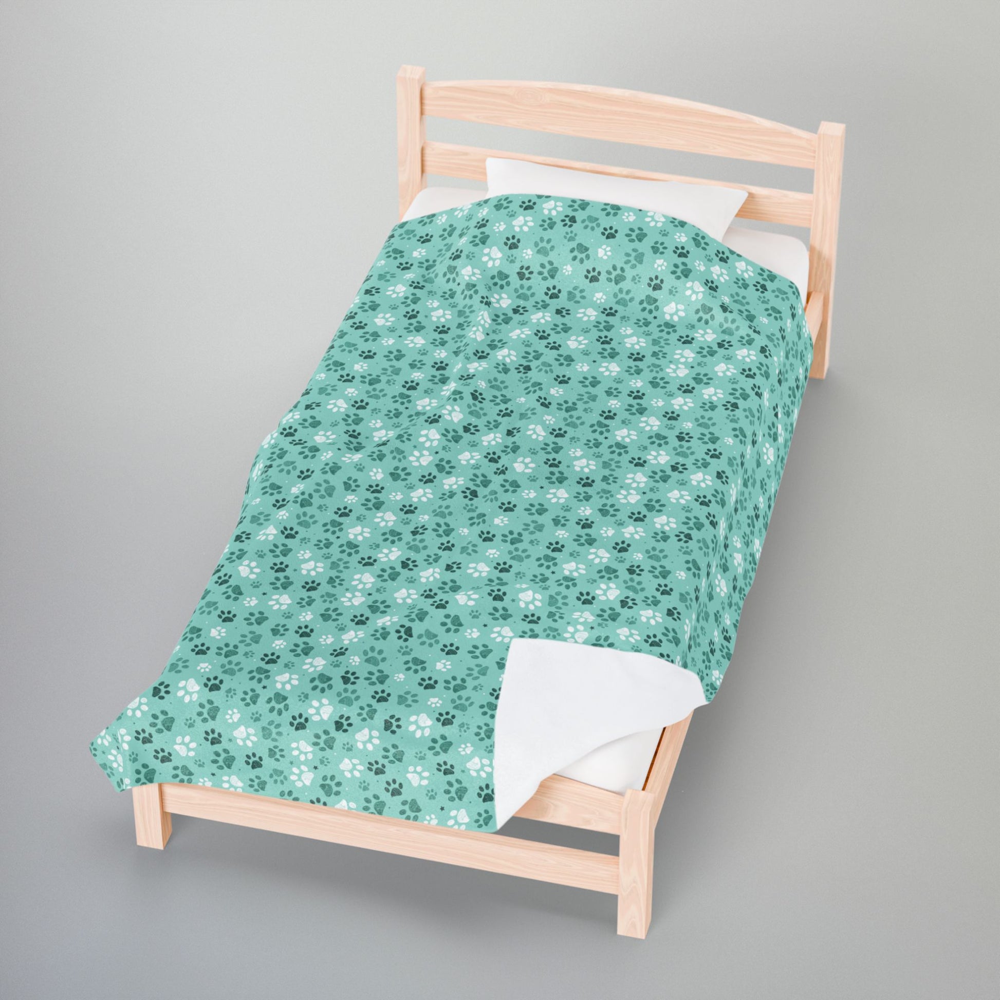 Seagreen Paw Prints Velveteen Plush Blanket