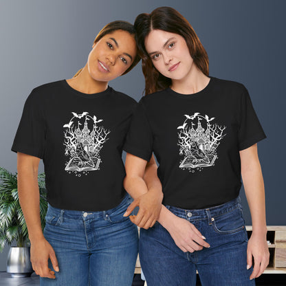 Lovebird on a Spell Book by a Haunted House, Line Art Tee