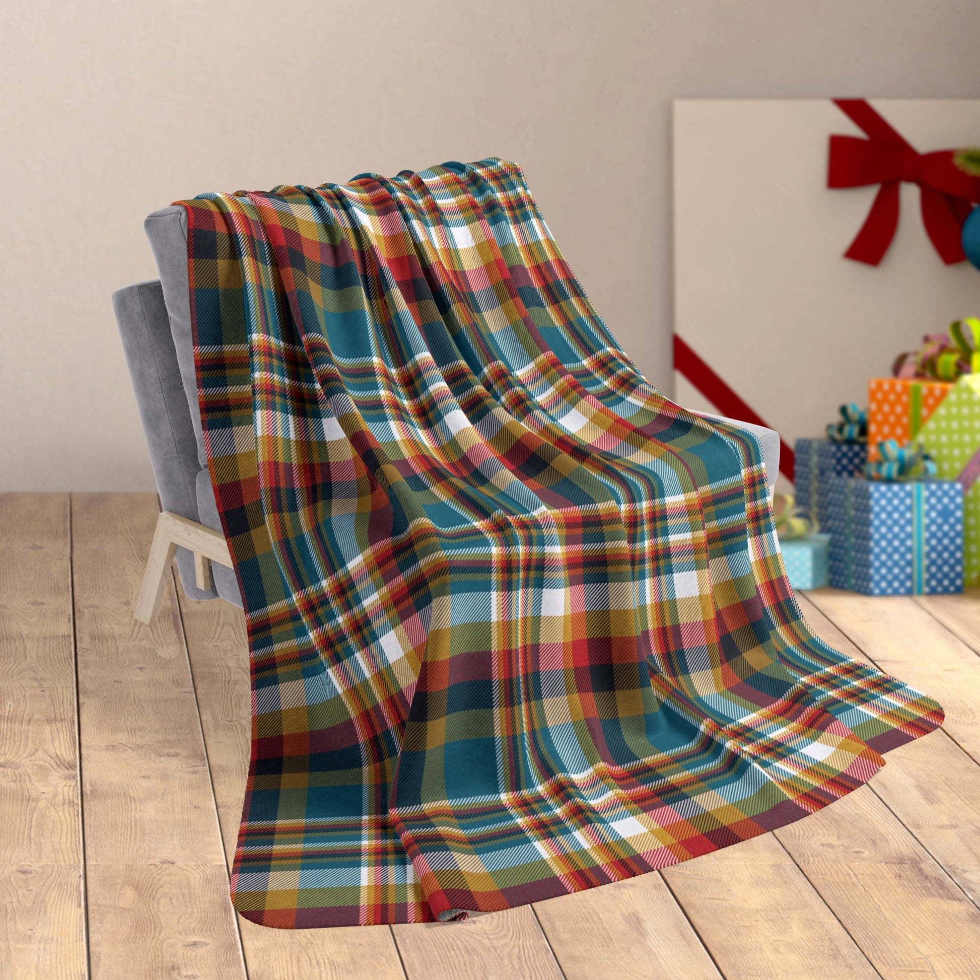 50" × 60" Beige Christmas Teal & Black Jacksonville FL Plaid Fleece Sherpa Blanket