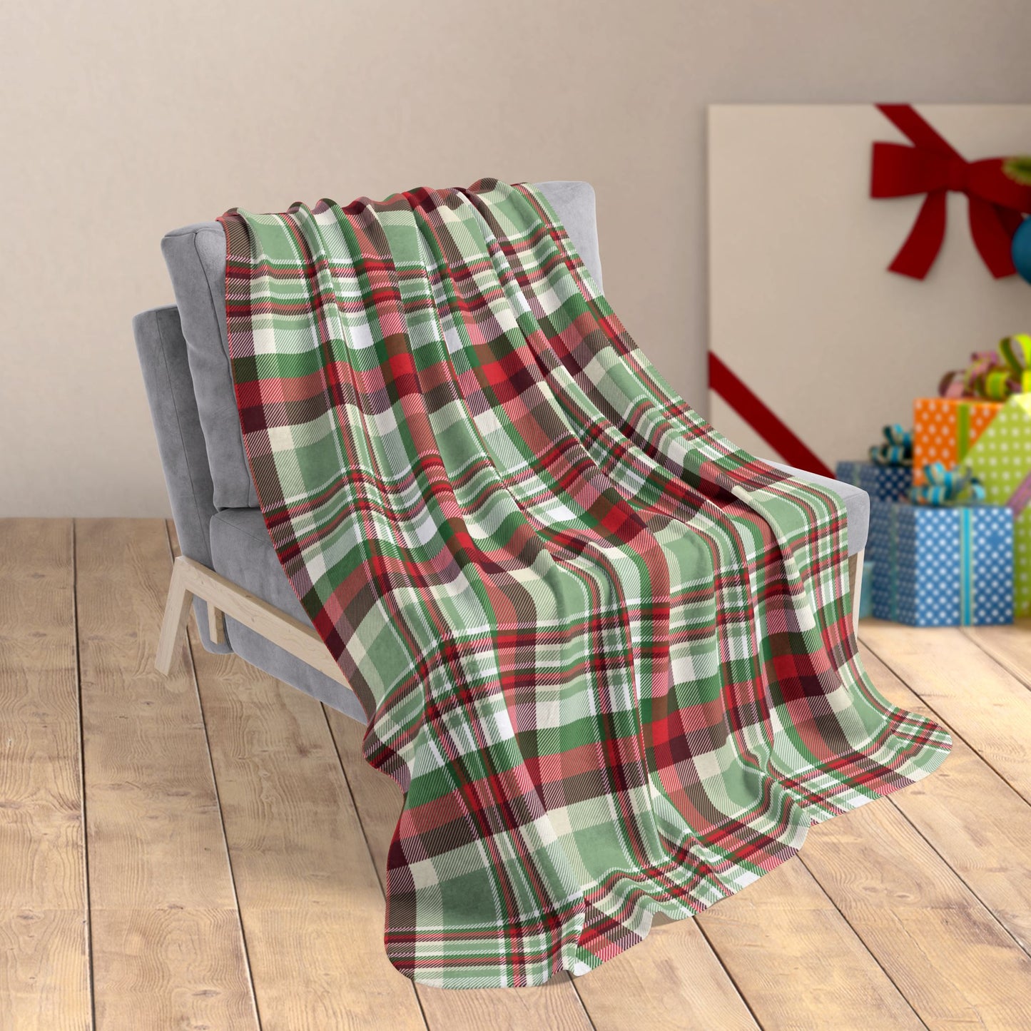 50" × 60" Christmas Red, Green & Cream Plaid Fleece Sherpa Blanket