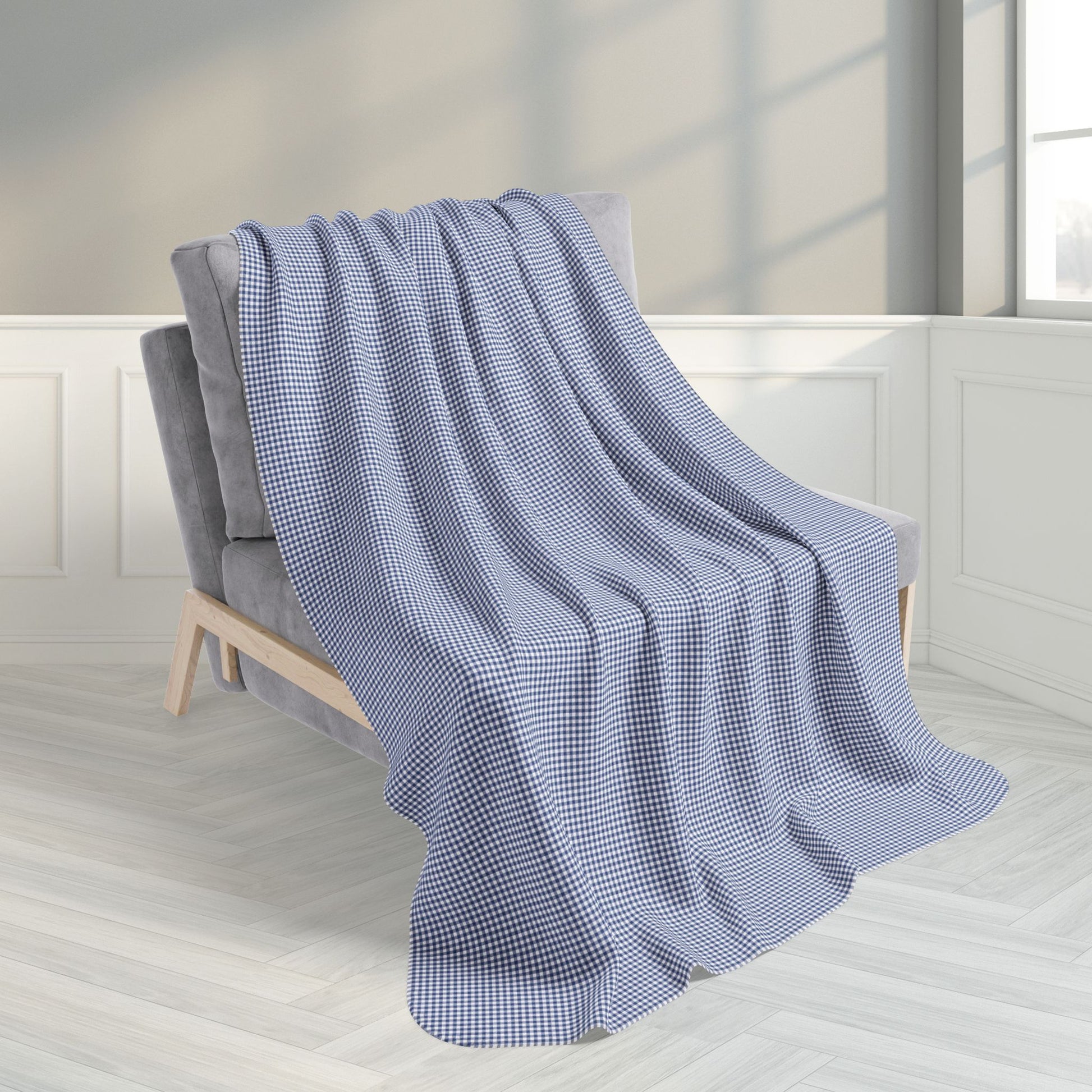 Slate Blue & White Gingham Fleece Sherpa Blanket