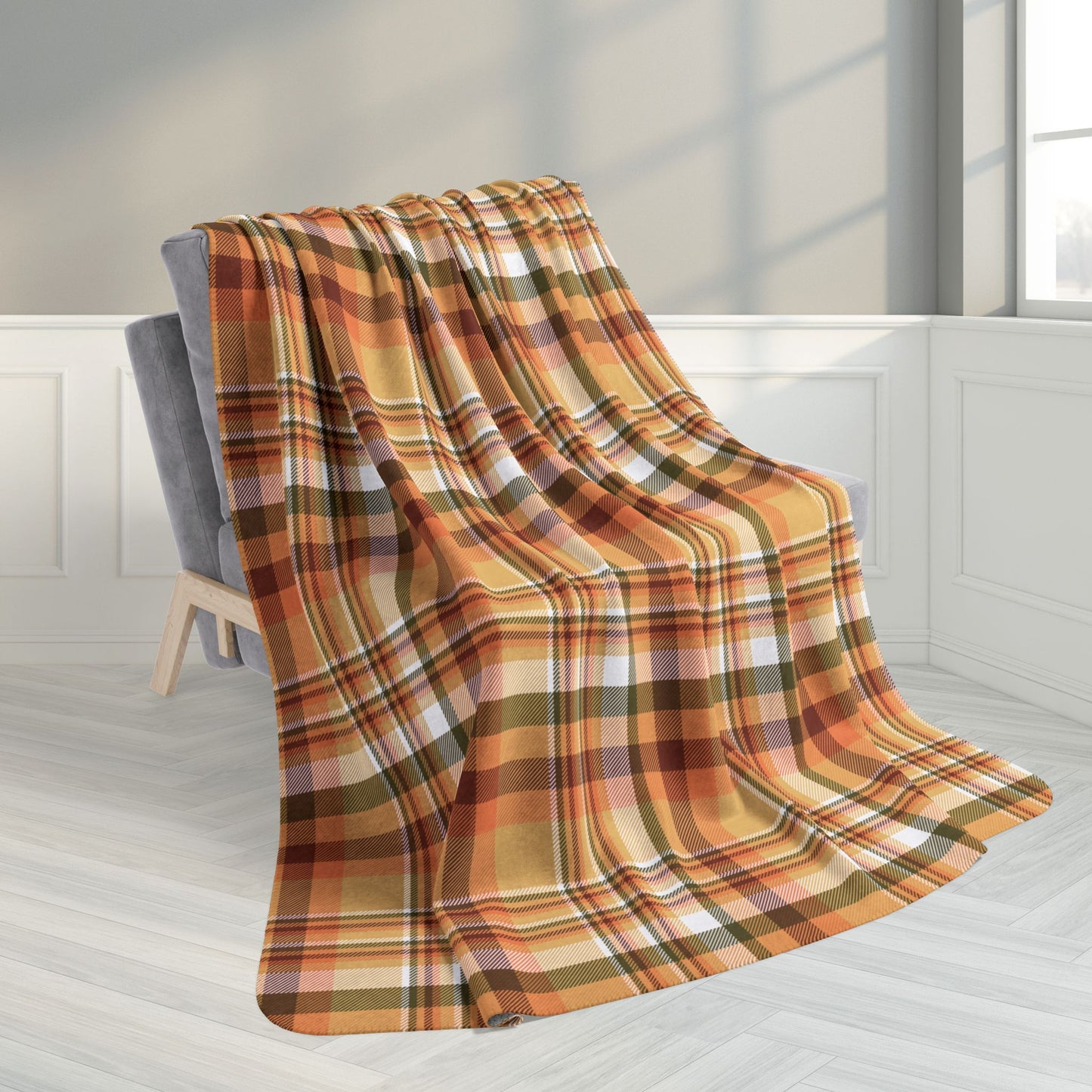 60" × 80" Grey Autumn Tan Plaid Fleece Sherpa Blanket
