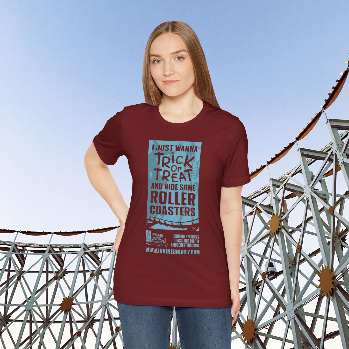 I Just Wanna Trick-or-Treat & Roller Coasters Tee (FRONT graphic) • Irvine Ondrey Engineering