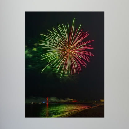 Green & Pink 4th of July Fireworks over Kenosha Pier Light Rolled Poster