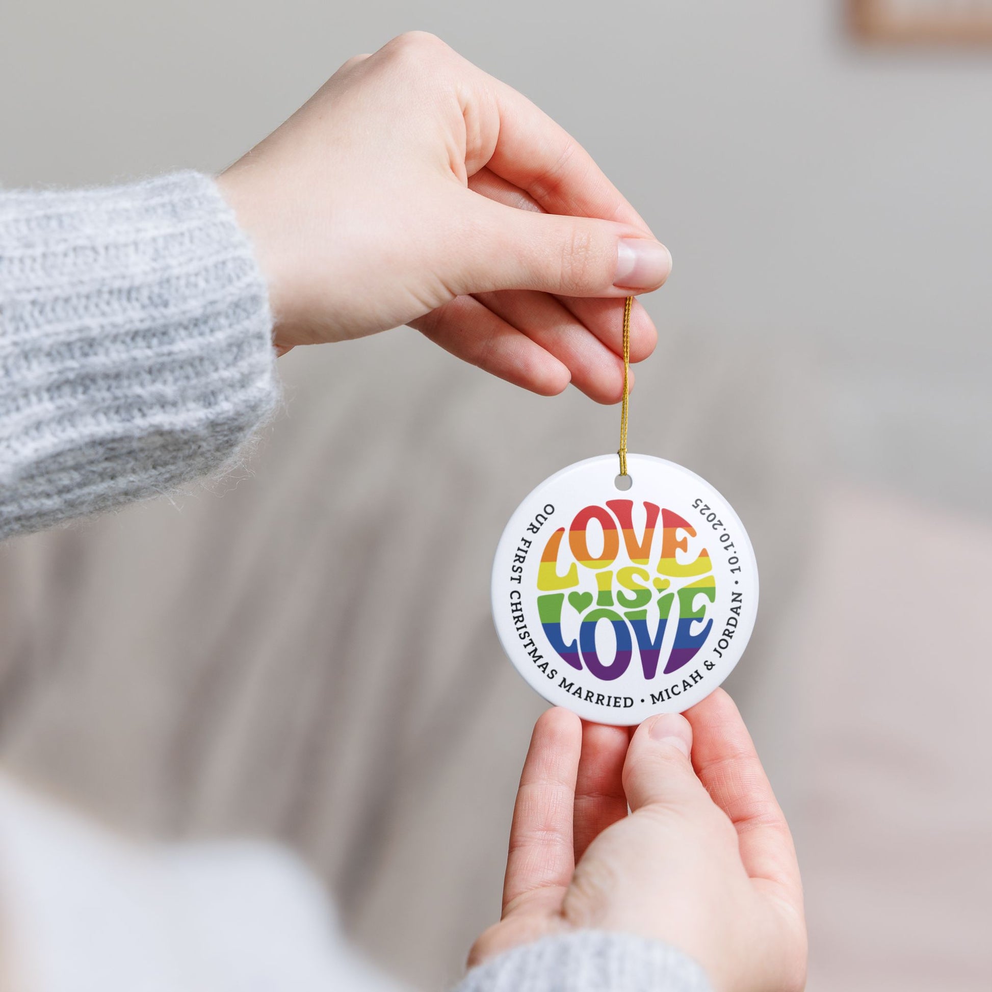 Custom Ceramic Love is Love Rainbow Pride 2.8" Circle Ornament
