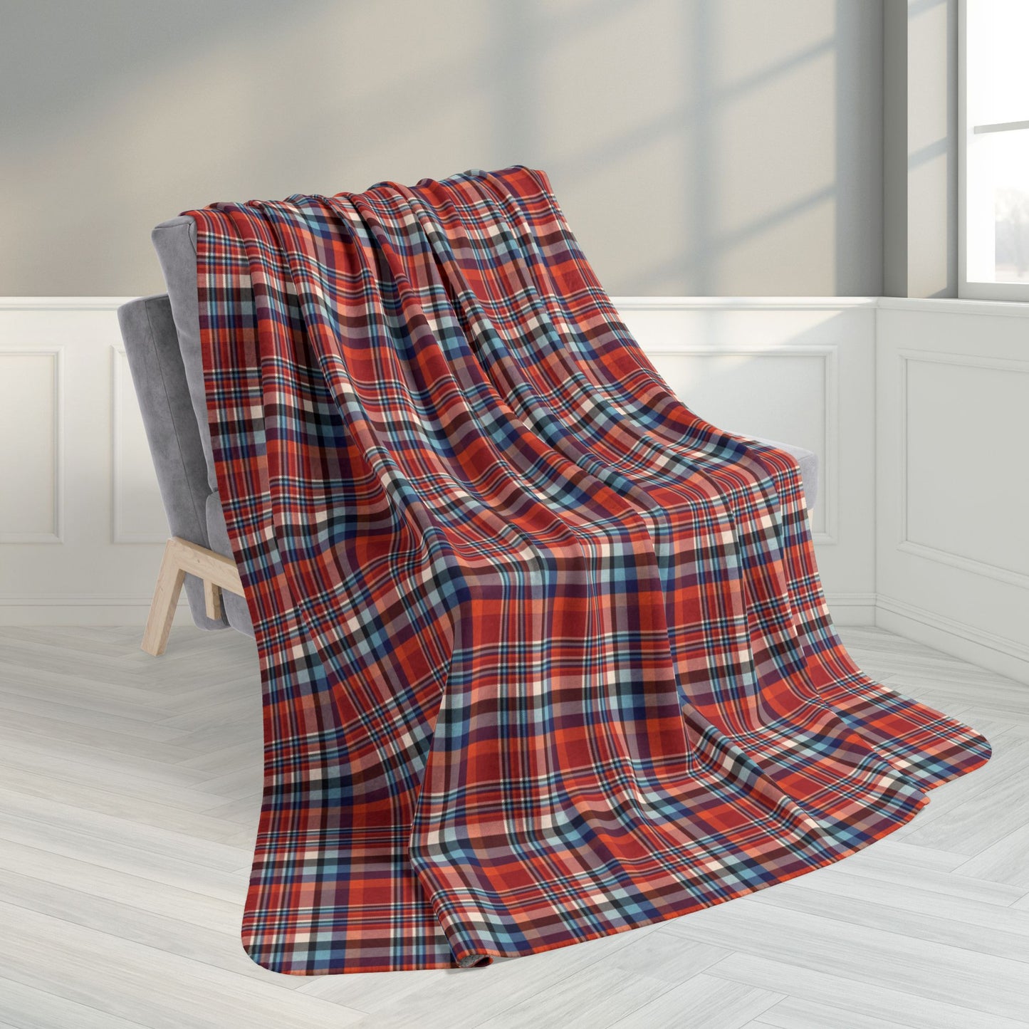 60" × 80" Red, Orange & Cream Ohio Plaid Fleece Sherpa Blanket