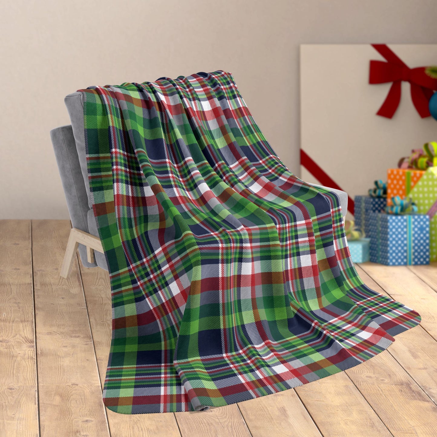 60" × 80" Christmas Navy & Neon Green Seattle WA Plaid Fleece Sherpa Blanket