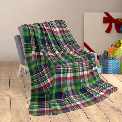 60" × 80" Christmas Navy & Neon Green Seattle WA Plaid Fleece Sherpa Blanket