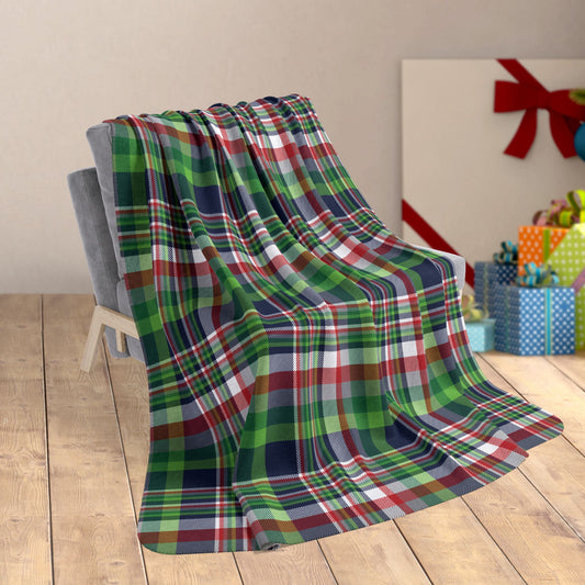 60" × 80" Christmas Navy & Neon Green Seattle WA Plaid Fleece Sherpa Blanket