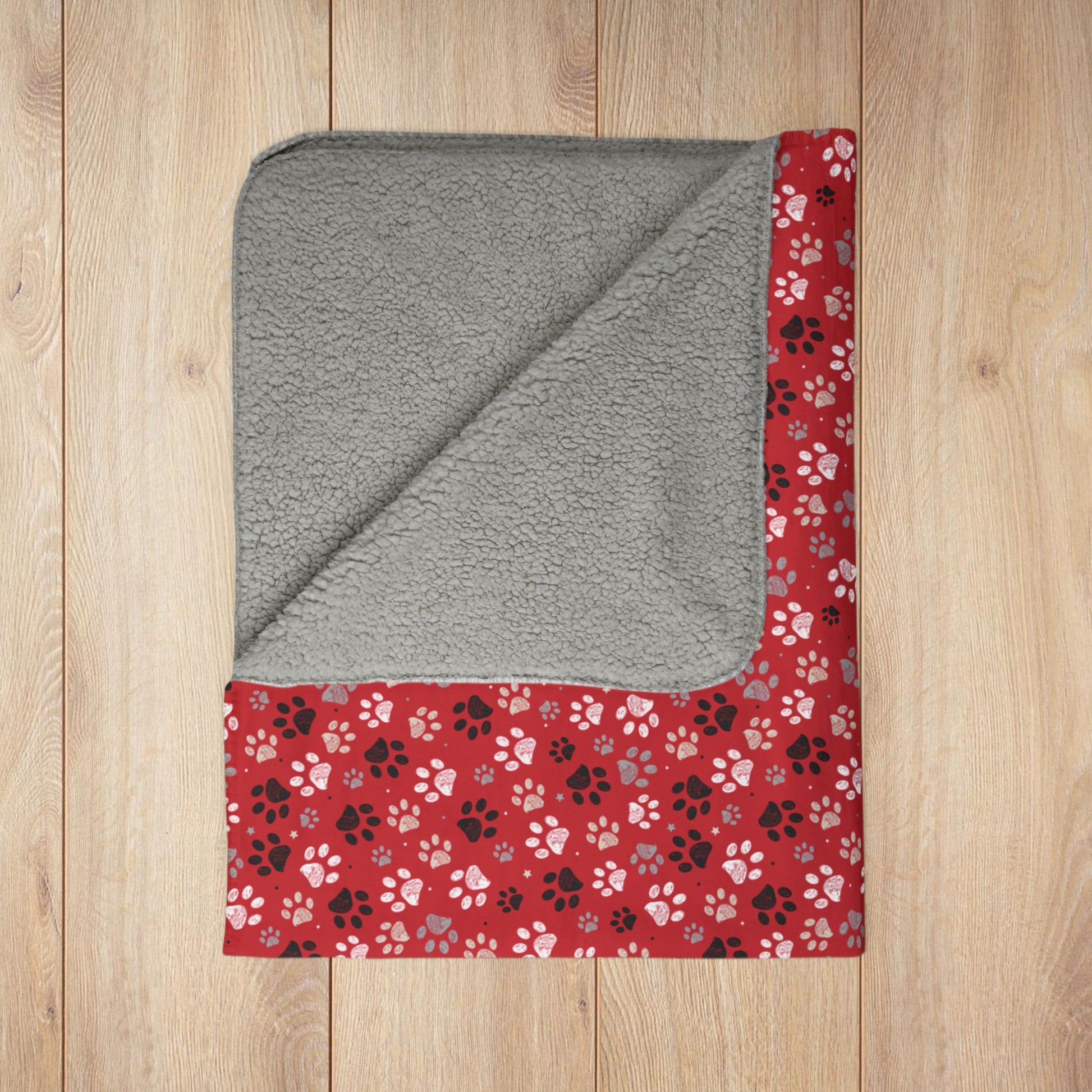 Black & White Paw Prints Red Fleece Sherpa Blanket