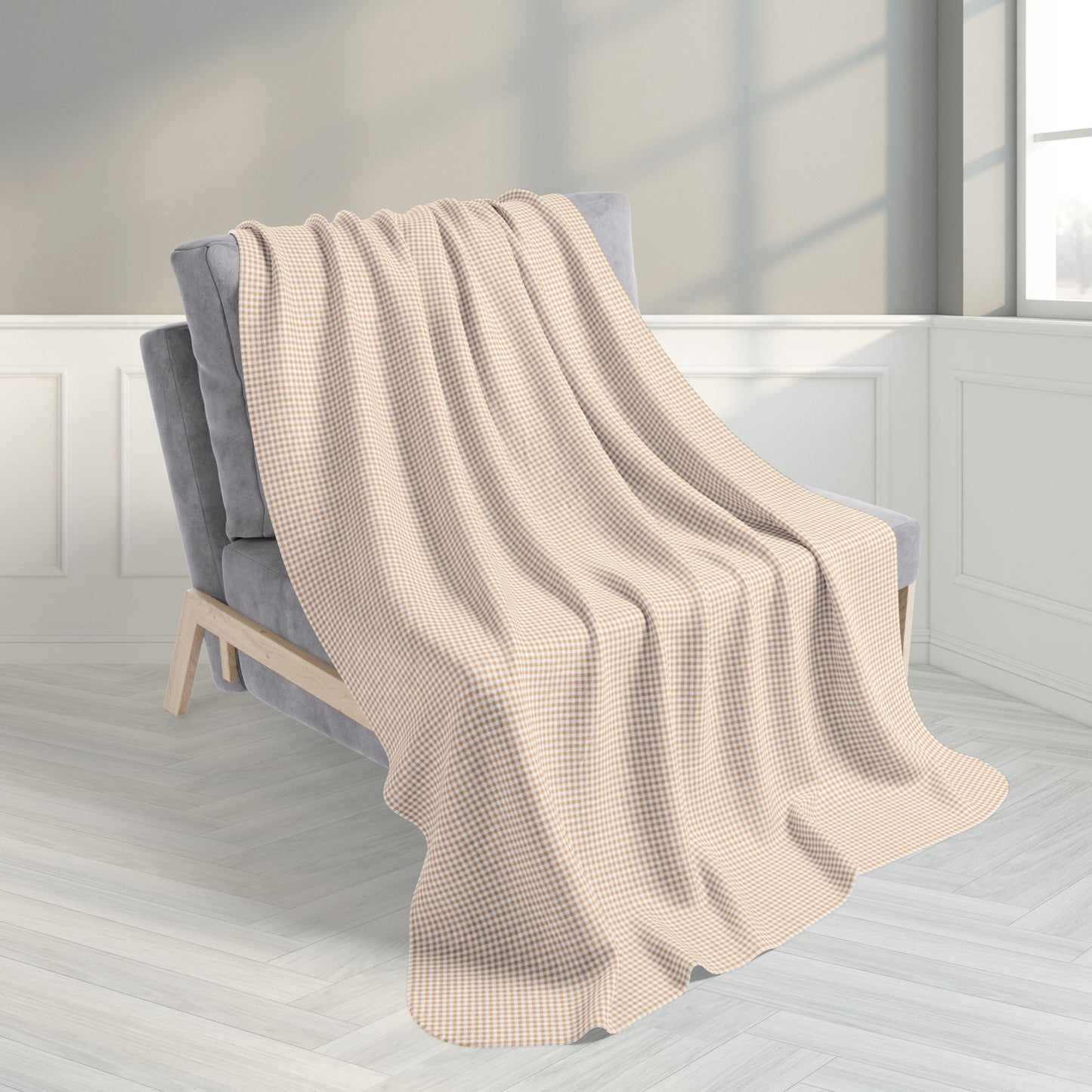 Pale Gold & White Gingham Fleece Sherpa Blanket
