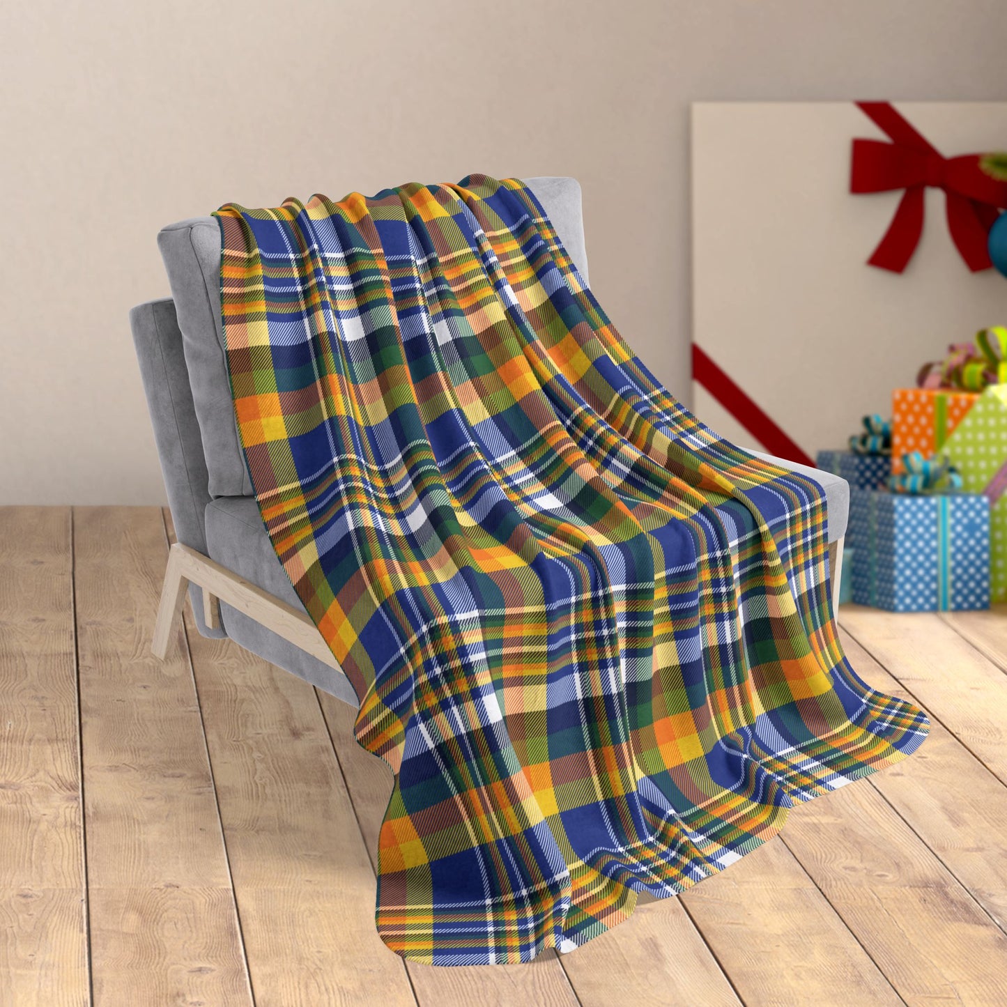 Christmas Blue & Yellow Los Angeles CA Plaid Fleece Sherpa Blanket